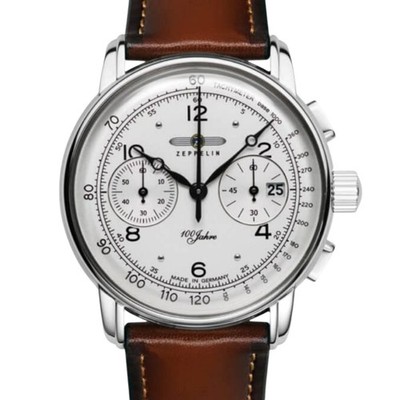 Zeppelin White Dial Men's Watch 100 Years 8676-1 Chronograph Leather Band