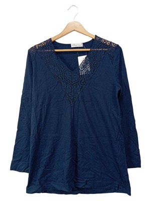 DAVID NIEPER Damen Langarmshirt Gr. 38/M Blau Elegant Spitze Baumwolle