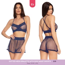 Small/Medium Pure Romance Sheer Bralette and High Wasted Shorts Set in Blue