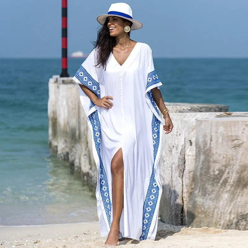 Peculiar adiós habla White kaftan Batwing Maxi Dress With Blue Embroidery Sexy Beach coverup one  size | eBay