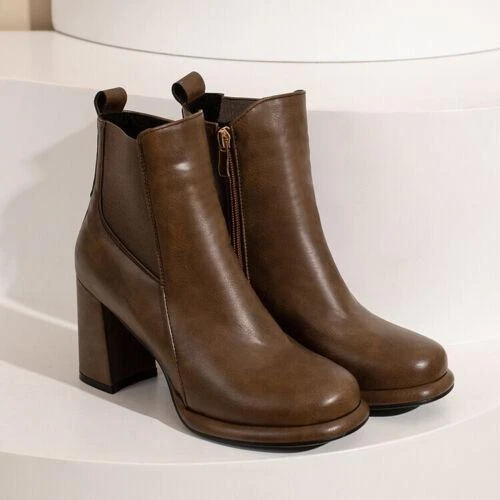 Damen Stiefeletten Mittel Blockabsatz Seitlicher Reißverschluss Chelsea Boots Schuhe - Bild 16 von 28