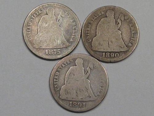3 US Seated Liberty Dimes: 1875, 1890-s & 1891.  #7