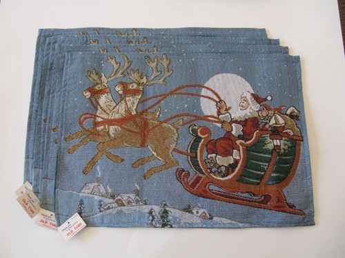 4 NEW BEAUTIFUL CHRISTMAS TAPESTRY PLACE-MATS ~SANTA IN FLIGHT~ 19" X 13" - Picture 2 of 2
