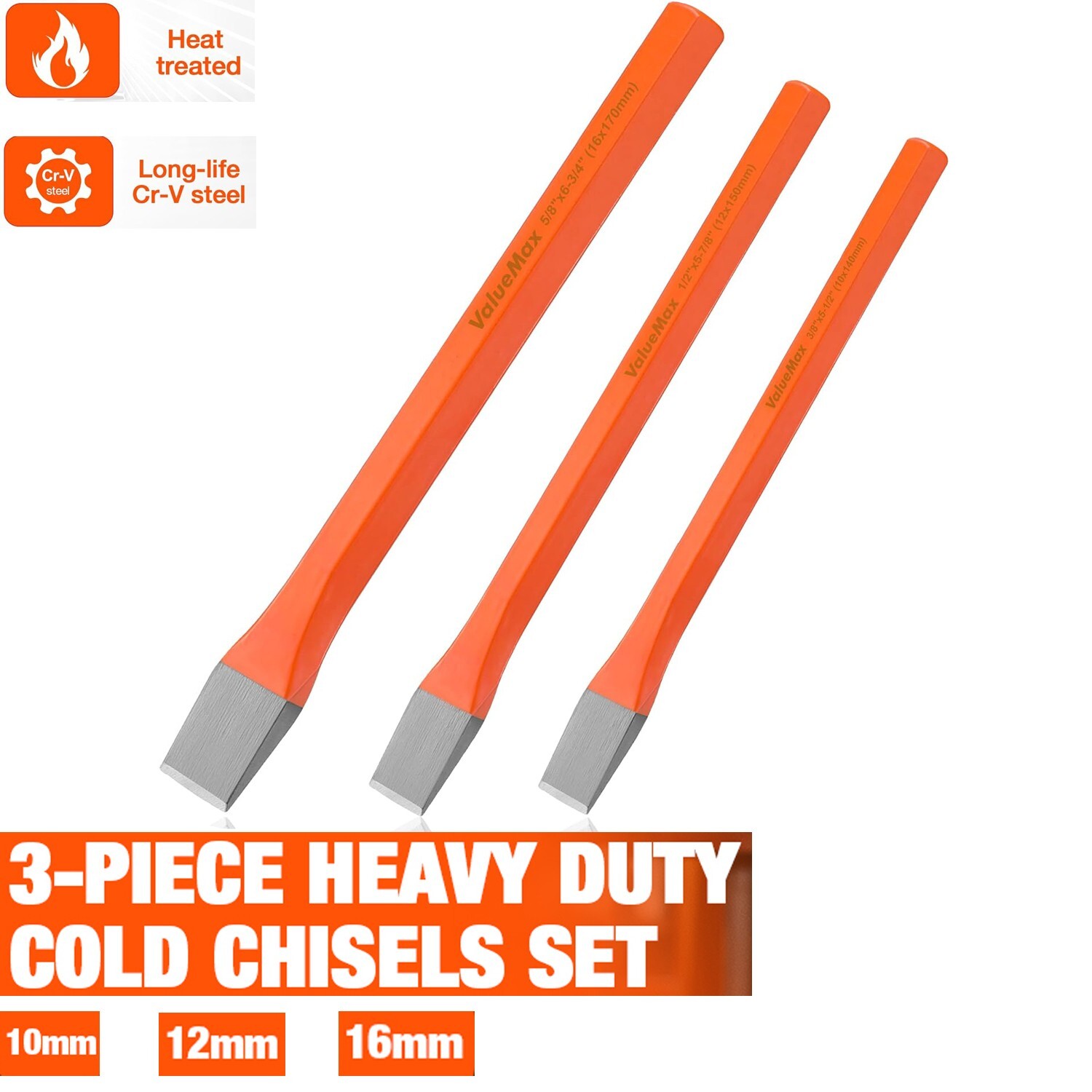 Valuemax 3-Piece Heavy Duty Cold Chisels Set 10 mm, 12 mm, 16 mm