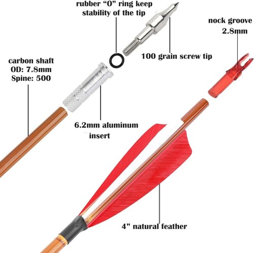 30" Archery Carbon Arrows SP500 4" Feather Traditional Recurve Bow Hunting Shoot - Picture 5 of 17