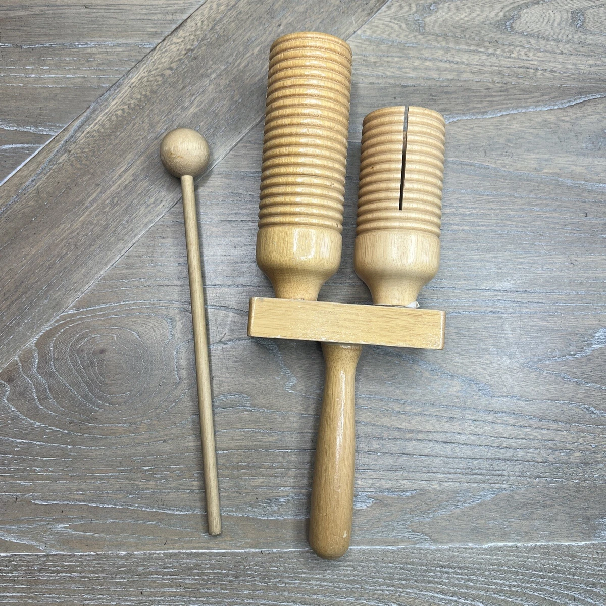 Double Wood Tone Block Guiro w Mallet High low pitch Cosmic