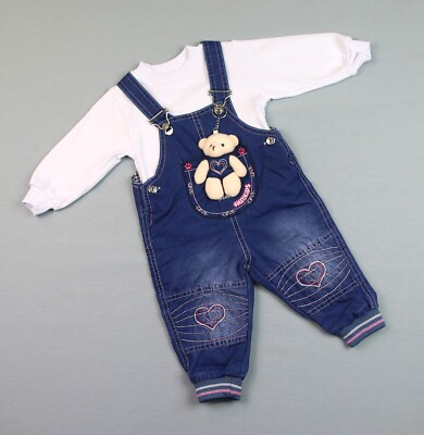 Baby Kleinkind  Latzjeans Latzhosen Set  mit Langarmshirt Schlüsselanhänger(Bär)