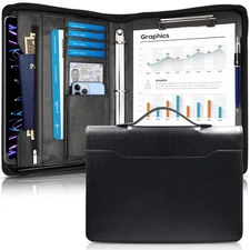 Faux Leather Portfolio Binder with Handle & Clipboard, Zippered Padfolio Fold...