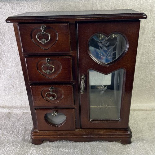 Joyero de madera vintage armario corazón floral gabinete de vidrio 3 cajones cottagecore
