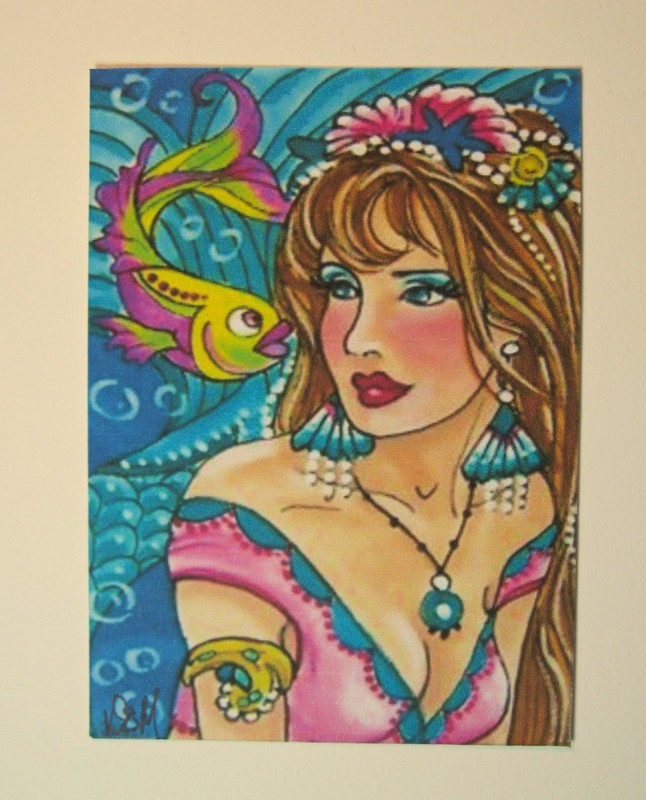 ACEO Mermaid fish WHISPERS Collectable ATC PRINT L.E. mermaid listening to fish