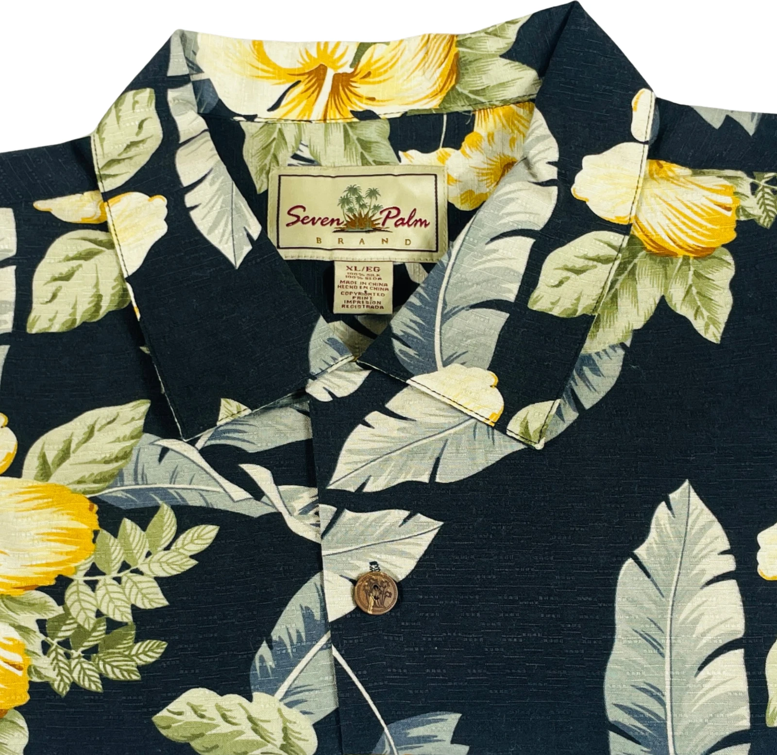 Seven Palm Mens XL Hawaiian Silk Shirt Hibiscus black yellow Floral Button Up