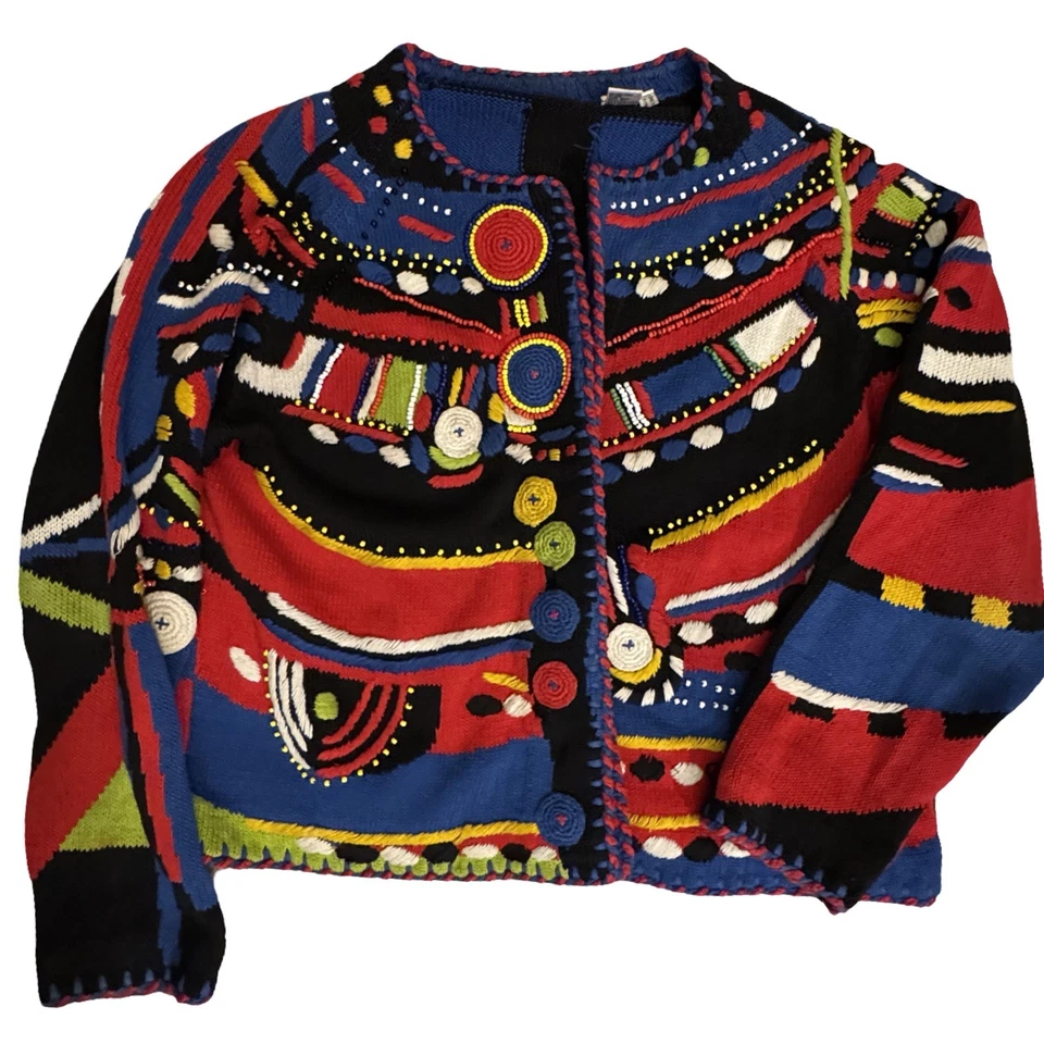 Cárdigan tejido vintage Michael Simon OS arte abstracto suéter color audaz boho años 90 Foto 2 de 4
