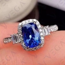 6.10Crt Cushion Cut Natural Tanzanite and Diamond Ring Real 14K Solid White Gold