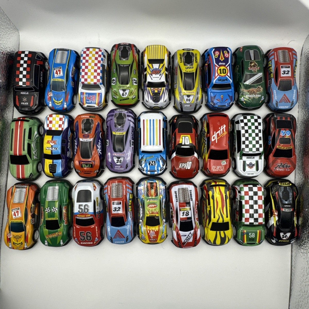 Lot of 27 Mini Toy Race Cars – Pull Back / Friction Cars – Kids