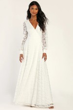 XS NWT Lulu's Lace Effect Long Sleeve Maxi Wrap Wedding Dress-MISSING BUTTONS