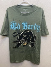 NEW Men's Large Green Ed Hardy T-Shirt Panther Print Short Sleeve Crew Neck  NWT