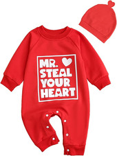 Newborn Baby Boy Valentines Outfits Steal Heart Print Jumpsuit Romper Hearts Hat