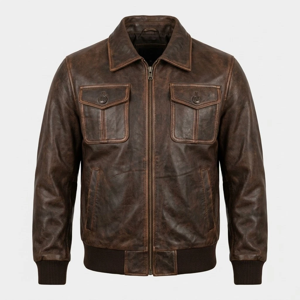 Men's Genuine Leather Brown Bomber Jacket Vintage Style Zip Up Flight Coat - product detail image 1