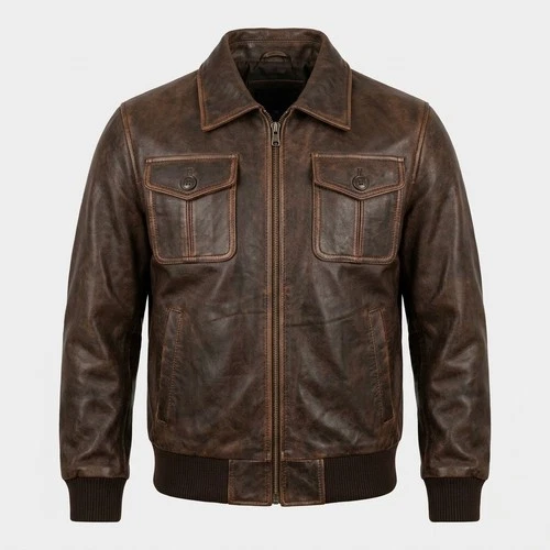 Men's Genuine Leather Brown Bomber Jacket Vintage Style Zip Up Flight Coat video thumbnail