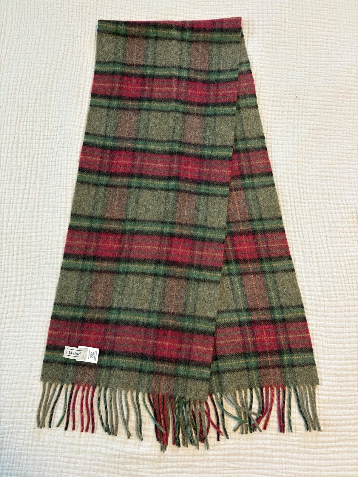LL Bean 100% Lambs Wool Irish Scarf Red Green Plaid Woven Fringe 11x56 Ireland