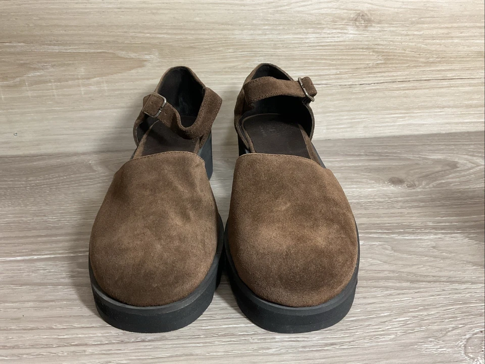 Vintage años 90 Y2K J. Crew Talla 9.5 Marrón Gamuza Grueso Mary Jane Zapatos Hebilla Italia Foto 3 de 4