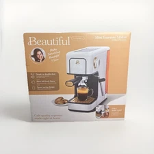 Beautiful Slim Espresso Maker 20-Bar Pressure White Icing Drew Barrymore NEW
