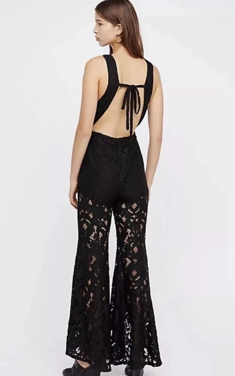 NEW FREE PEOPLE Sz 2 RISE SHINE LACE JUMPSUIT FLARE BELL BOTTOM BLACK
