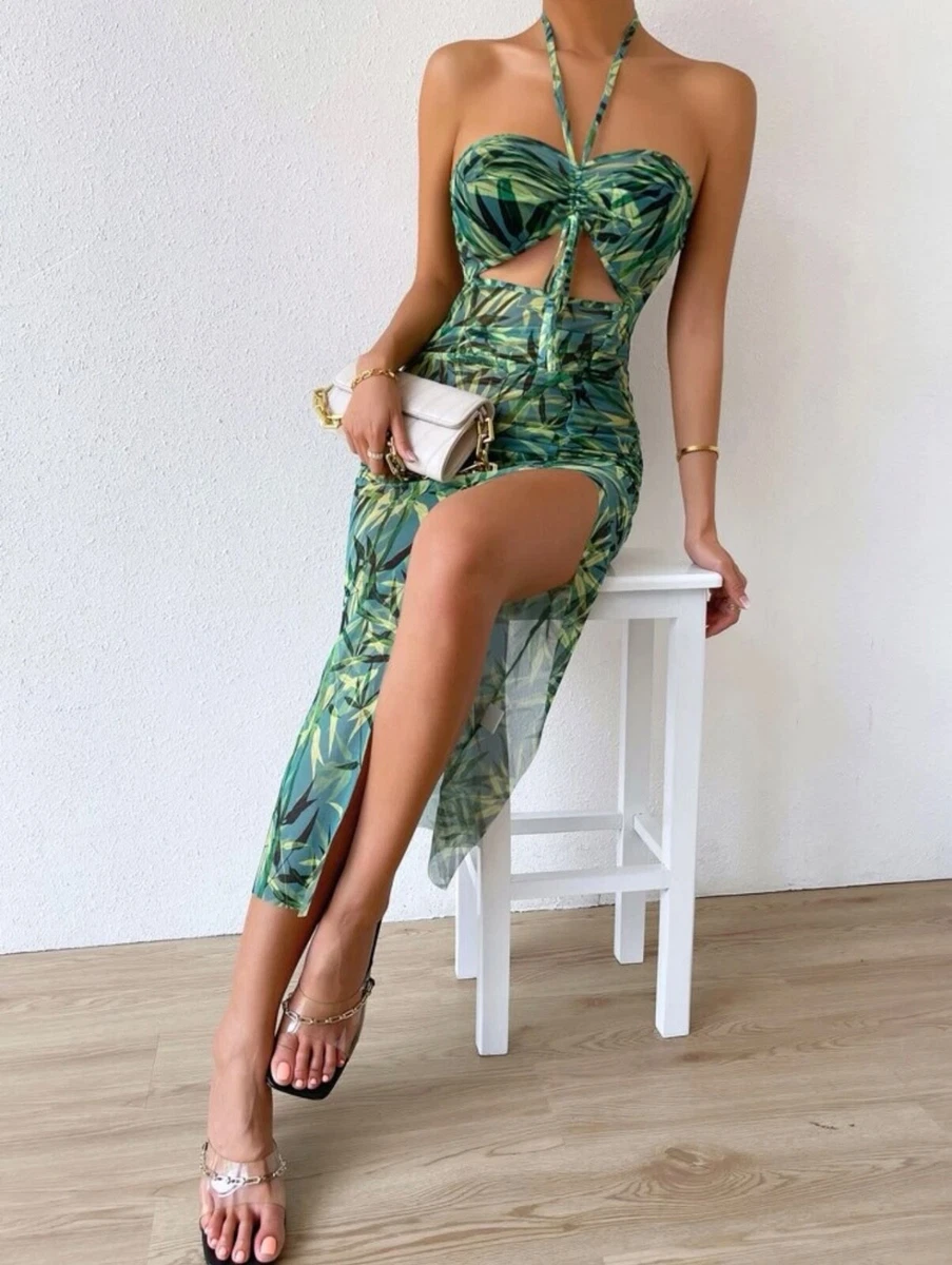 Tropical Print Drawstring Split Thigh Backless Halter Beach Dress XS S M L
