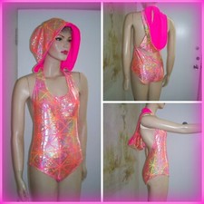 Hooded Disco Shiny Hologram Bodysuit Leotard / Jumpsuit Dance Gym Clubwear M