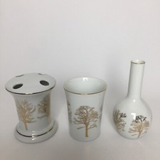 Vintage Andre Richard Tooth Brush Holder Cup Vase Bathroom Set White Gold Trees