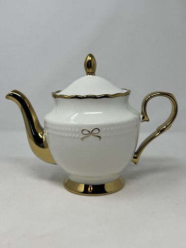 Gold Schleifen auf weiß Teekanne mit Deckel Keramik 8"x10" TikTok Viral Coquette Yedi neu
