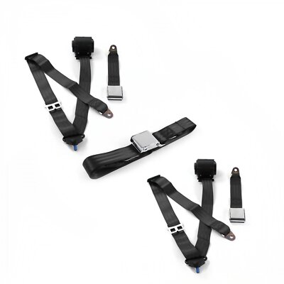 Early Cars 1933 - 1934 Airplane 3pt Black Retractable Bench Seat Belt Kit - 3 Be