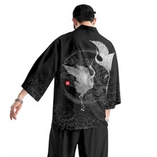 Men Haori Kimono Yukata Shirt Cardigan Top Blouse Loose Drop Shoulder Casual