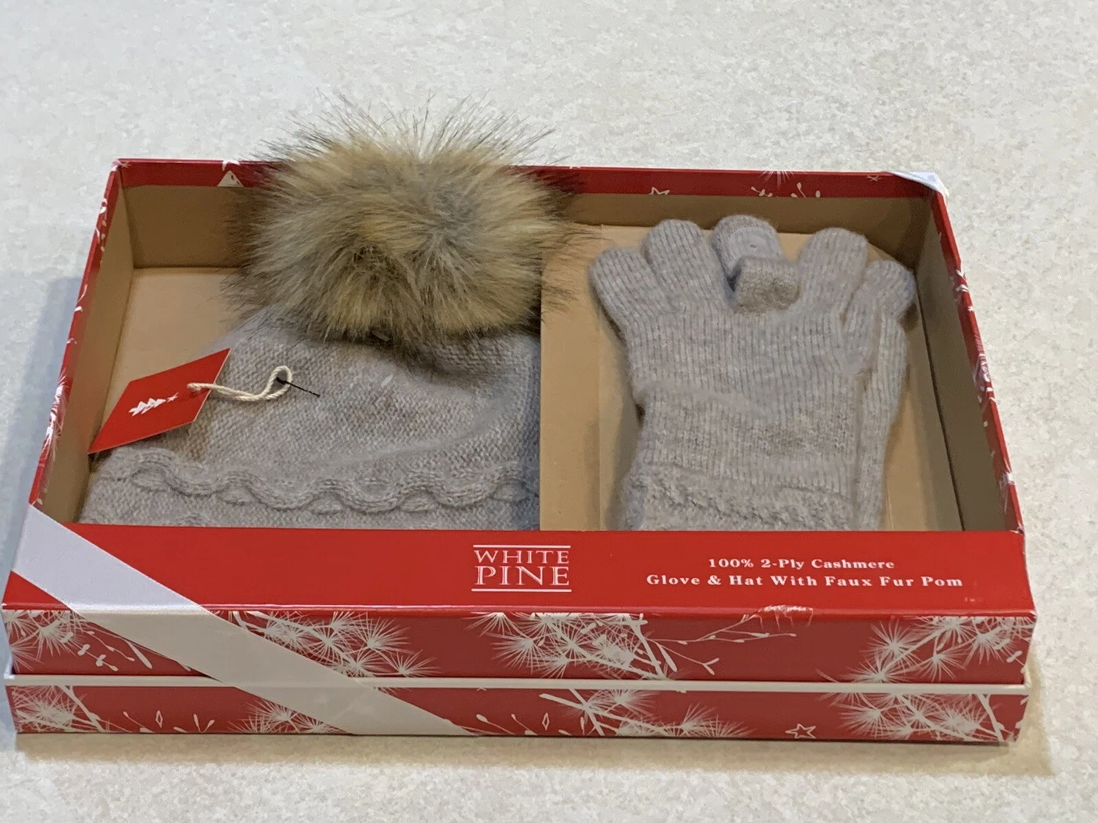 White Pine Women’s Gray Beanie Hat & Gloves Set Faux Fur Pom 100% Cashmere
