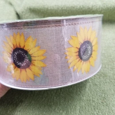 Premium Wired Ribbon Beige With Yellow Sunflowers 2.5 in. Wide X 50 Yards New - Image 1 of 3