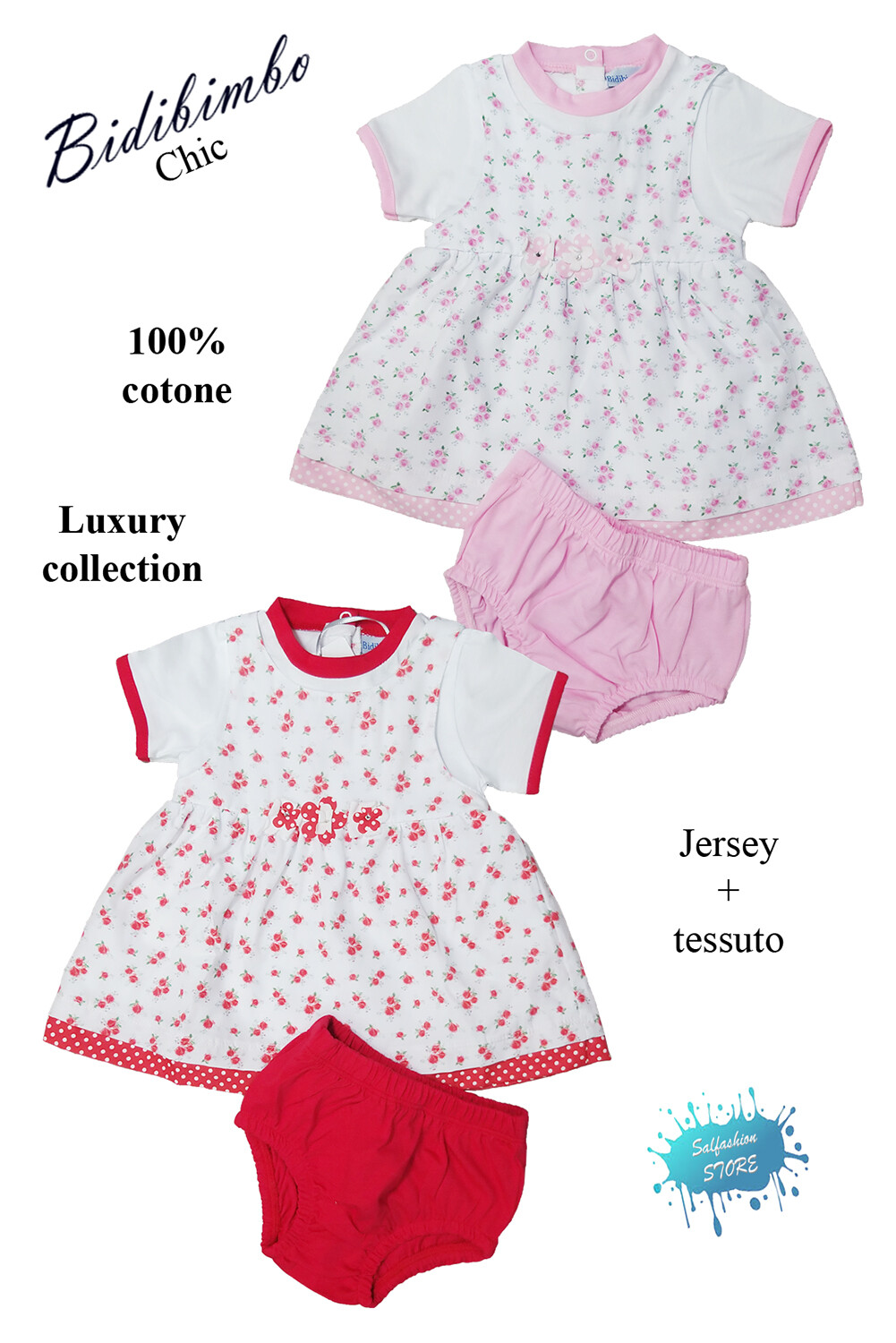 Completo Vestina + Bragas Bebé 100% Algodón Bidibimbo Elegante - De 1A 12 Meses