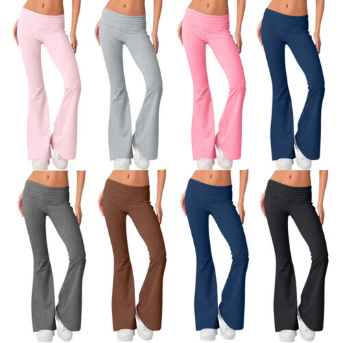 Women Fold Over Waist Cotton Stretch Flare Leg Boot Cut Yoga Pants Leggings New - Picture 1 of 25