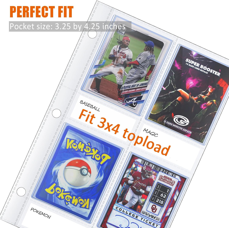 4 Pocket Top Loader Sleeves, Trading Card Binder Pages, Baseball Card