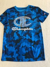 Champion T-Shirt Kids Boy's Medium 10-12 Blue Camouflage Logo Active/Casual