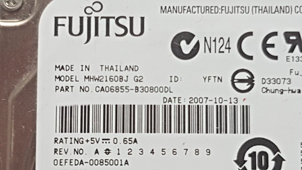 160 GB SATA Fujitsu MHW2160BJ 7200rpm 8MB HDD 2,5 " Internal Hard Drive - Image 2 of 2