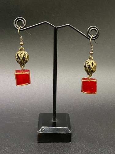 Bronze Tone Cutout Bead with Red & Gold Glass Bead Earrings by Neanie-Bot - Picture 2 of 2