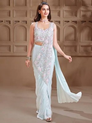 Ready To Wear Saree Rangoli Silk Embroidery Beads Designer Party Wedding  Saree | eBay