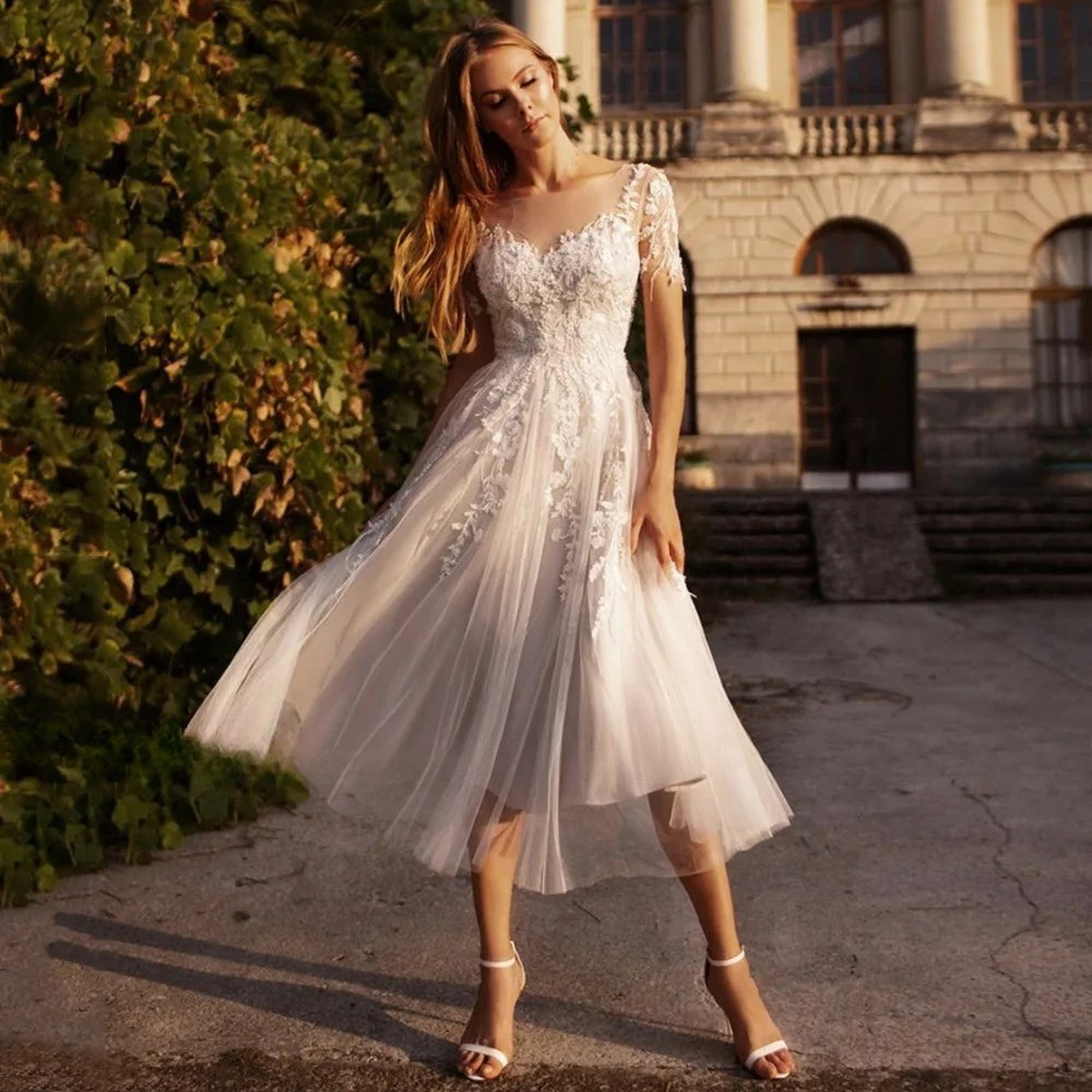 Mid-calf Wedding Dress Vintage Scoop Neck Short Sleeves Lace Applique A  Line | eBay