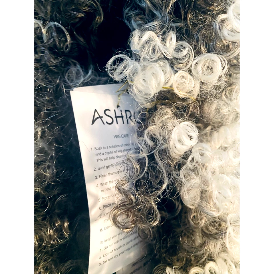 Peluca afro rizos espirales mezcla cabello humano negro plata blanco talla grande nueva con etiquetas Foto 4 de 4