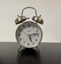SHARP Twin Bell Top Alarm Clock Quartz Analog Dial Light Gold toned AA Battery