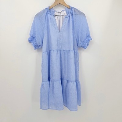 THML Blue White Striped Tiered Babydoll Dress V-Neck Smocked Puff Sleeve L  boho | eBay