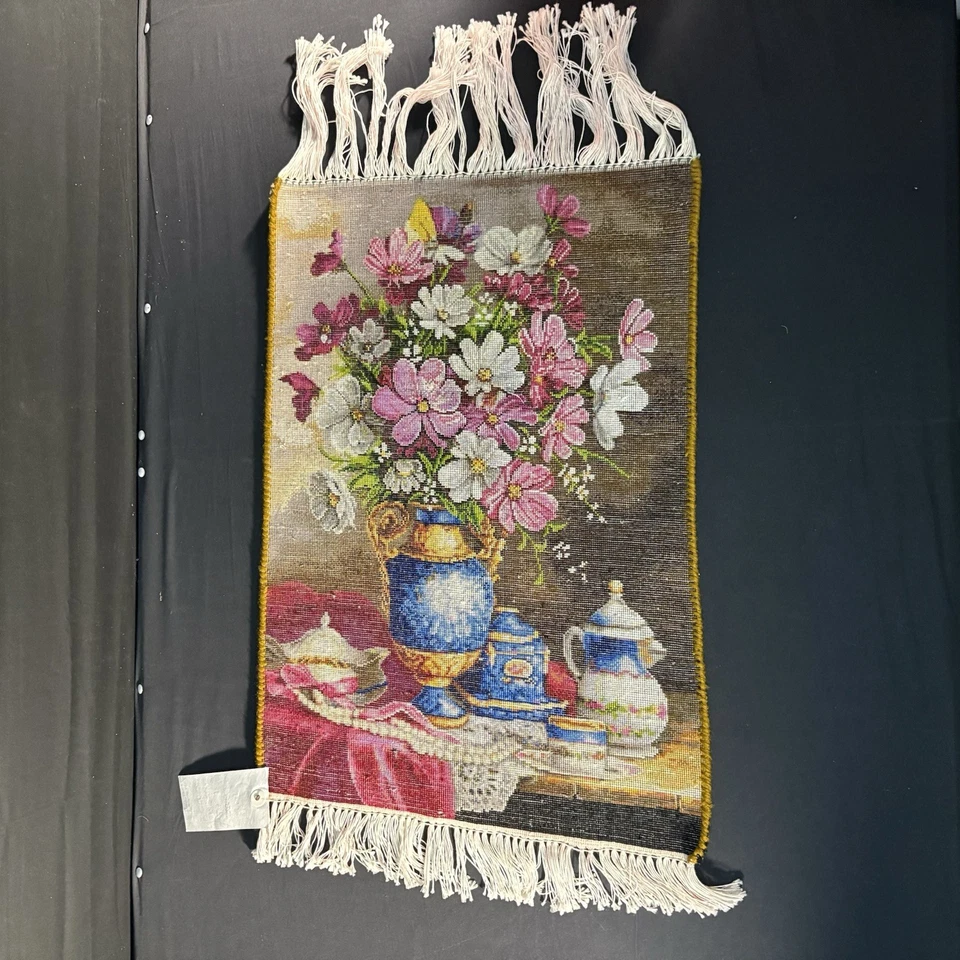 Pictorial Rug Flower Hand Knotted Tab’riz 23”x16” Cotton w/Silk 240KPSI - Image 2 of 4