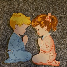 Vintage Praying Boy And Girl Wall Decor Cardboard 12 X 6.5