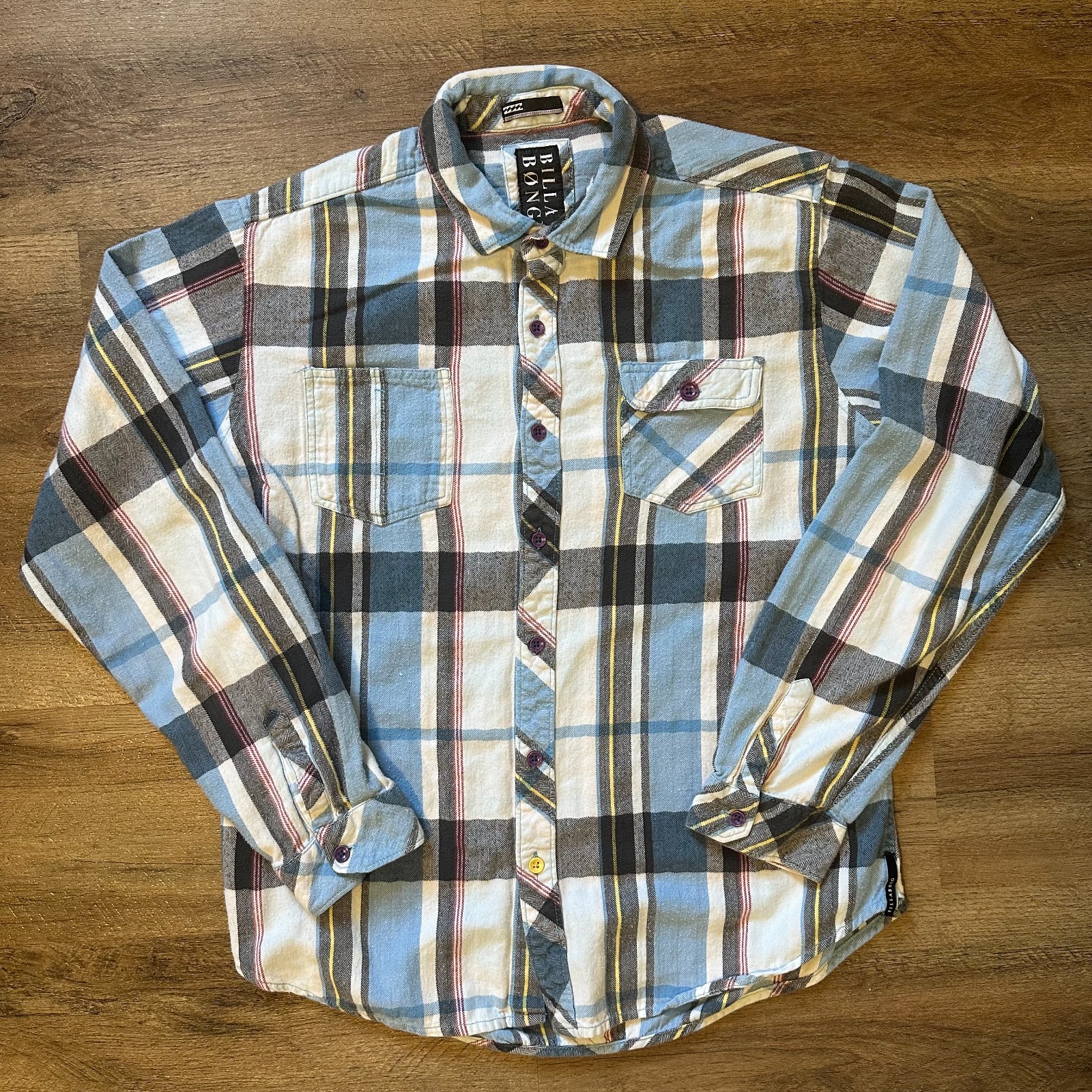 Billabong Casual Button Down Mens Blue Large Plaid Rugged Flannel Shirt