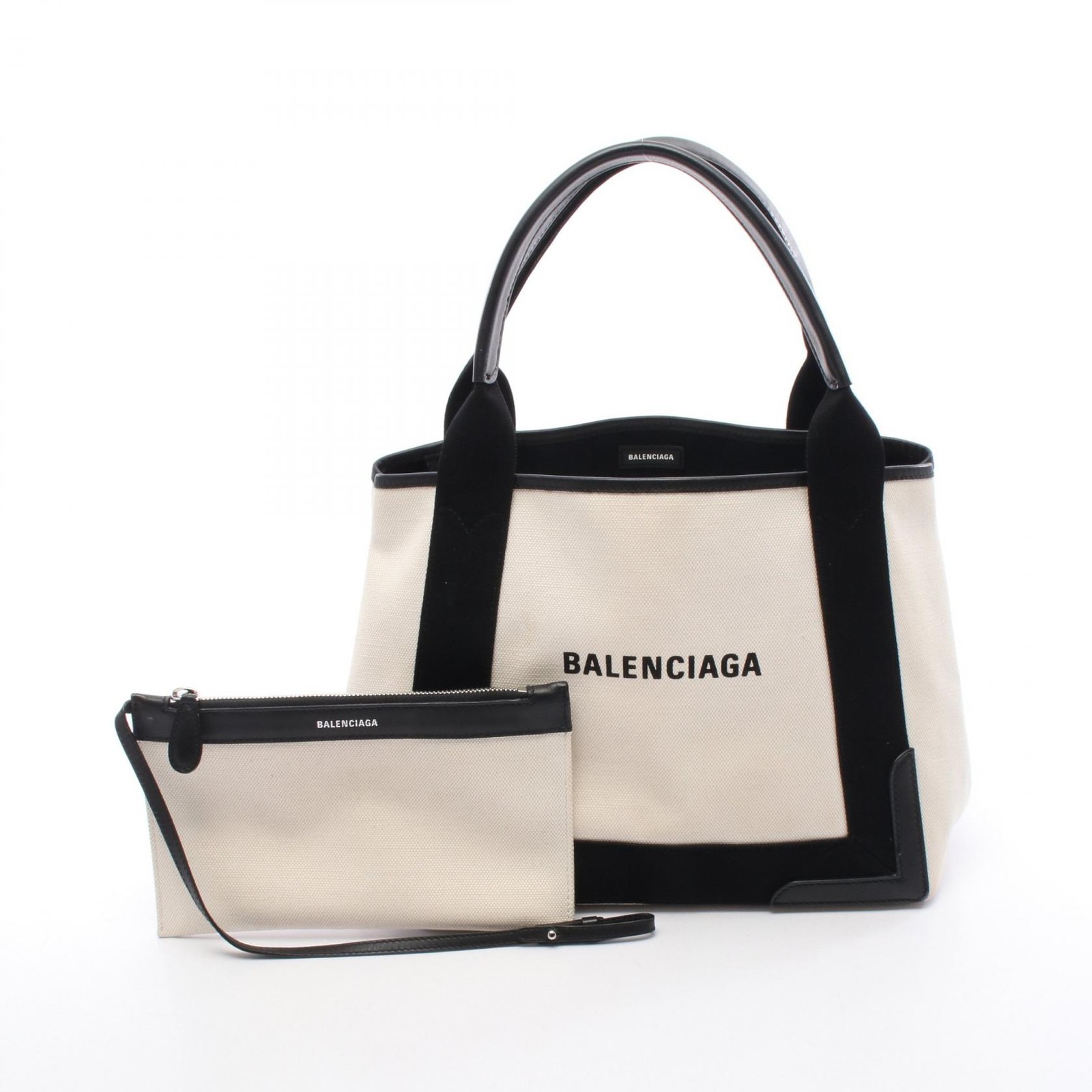 Balenciaga Navy Cabas S Tote in Canvas & Leather - White & Black - Preowned Women's Bag